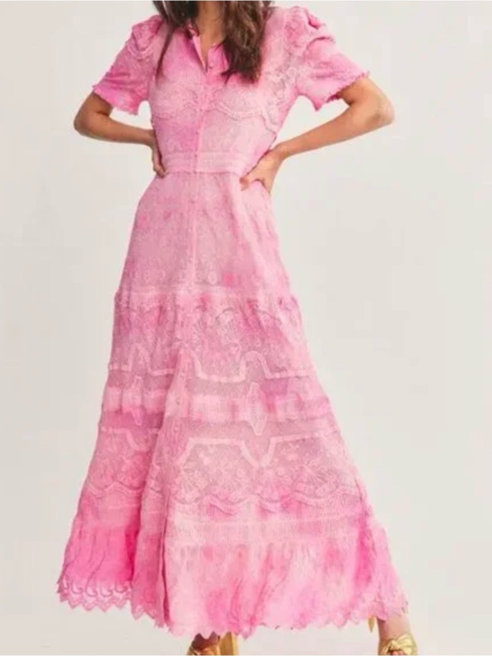 LoveShackFancy Pink Lace Tiered Maxi Dress